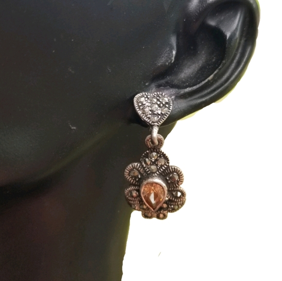 VICTORIAN STYLE STERLING SILVER, MARCASITE & AUSTRIAN CRYSTAL DROP EARRINGS - Picture 2 of 5